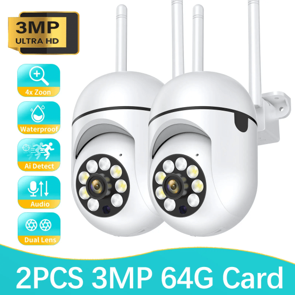 3MP Utomhus Wifi-kamera Övervakning Night Vision Fullfärg Ai Människospårning 4X digital zoom Videosäkerhetsövervakningskameror AU Plug 3MP-64G SD Card 2PCS