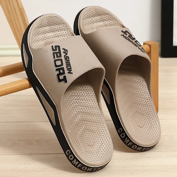 Stora Storlek Mäns Tofflar Summer Sport Style Slides Anti-Slip Tjock Sole Andas Mode Slip-On Beach Fritid Sandals Khaki 44-45