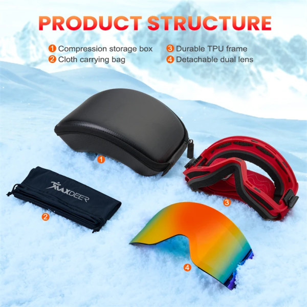 Magnetiska skidglasögon män Snowboardglasögon dubbla lager lins Anti-dim UV400 snöglasögon dam snöskoter skidglasögon OTG ZM030 Black Goggles