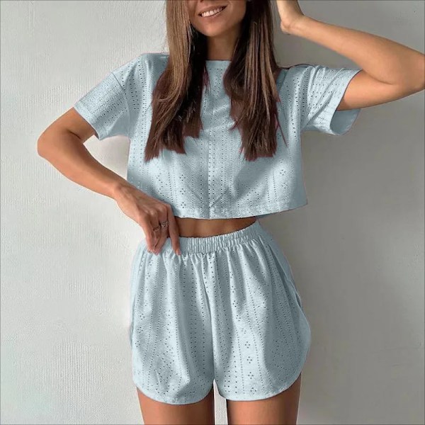 Kvindernes Pyjamas Sæt Forår Langærmet Toppe Med Shorts Nattøj 2 Dele Sæt Løs Rund Hals Pyjama Feme ST Light Blue 2XL