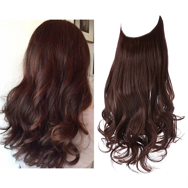 Syntetiska Ingen Clip Wave Hår Extensions Ombre Naturlig Svart Blond Rosa En Bit Falsk Hårpiece Fisk Linje Fake Hårstycken Dark Auburn 16inches