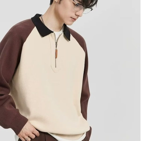 2023 Kontrast Färg Halv Blixtlås Polo Krage Pullover Tröja Mäns Höst Och Vinter Nya Koreanska Stil Rock Top Kläder Män ' S Apricot XXL