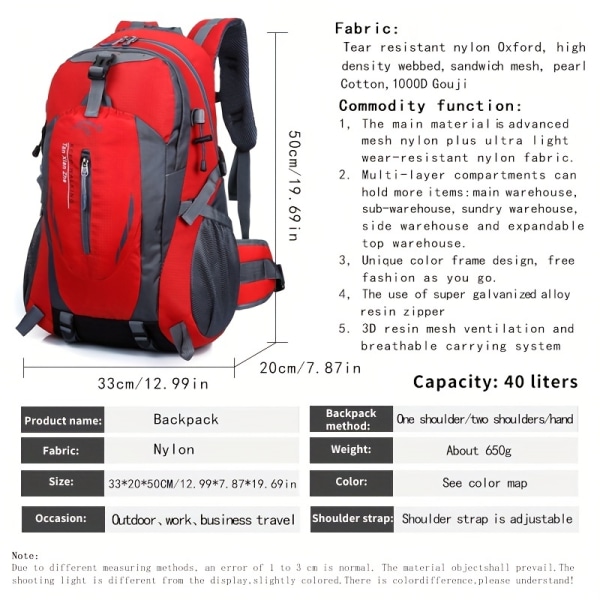 1st Utomhusryggsäck med stor kapacitet för bergsklättring Vandring Camping äventyr, casual sportryggsäck, vattentät nylon multi Black