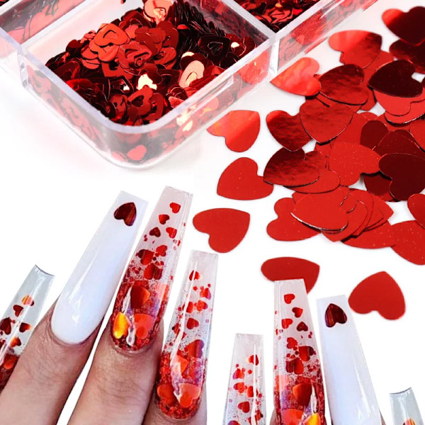 Valentinsdag Mixade Hjärtformade Nagelglitter Röda Flakes Sekvenser Pulver Dekorativa Tillbehör För Professionella Nagelkonsttillbehör 6G-LSKXX1