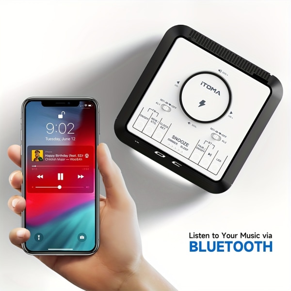 Trådlös laddning av väckarklockaradio, med Bluetooth högtalare, FM-radio vid sängen, dubbla larm med snooze, USB laddning, nattljus och dimbar display