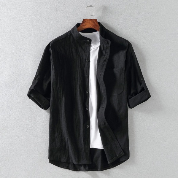 Vår- och sommarstativkrage Fempunkts mellanärm Trendig kortärmad skjorta för män Sjupunktsärmad stor storlek herr black M