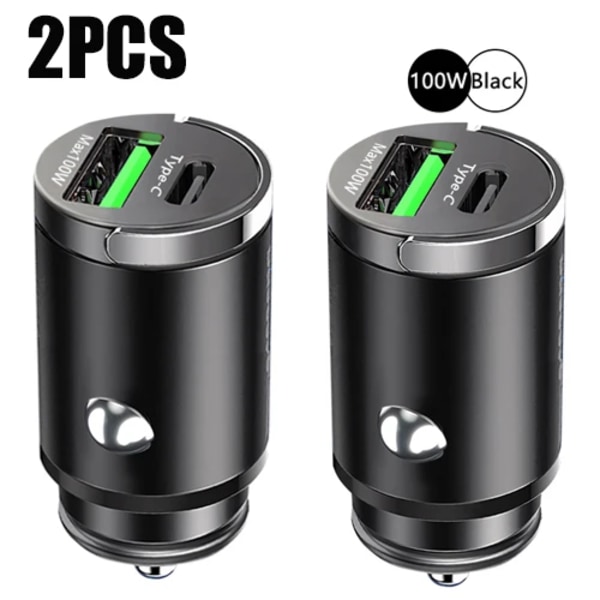 Mini 100W Billaddare C Dubbel Usb Snabb Laddning För 15 Pro Max Samsung Huawei Xiaomi Socket Cigarett Tända Laddare 2PCS 100W Black