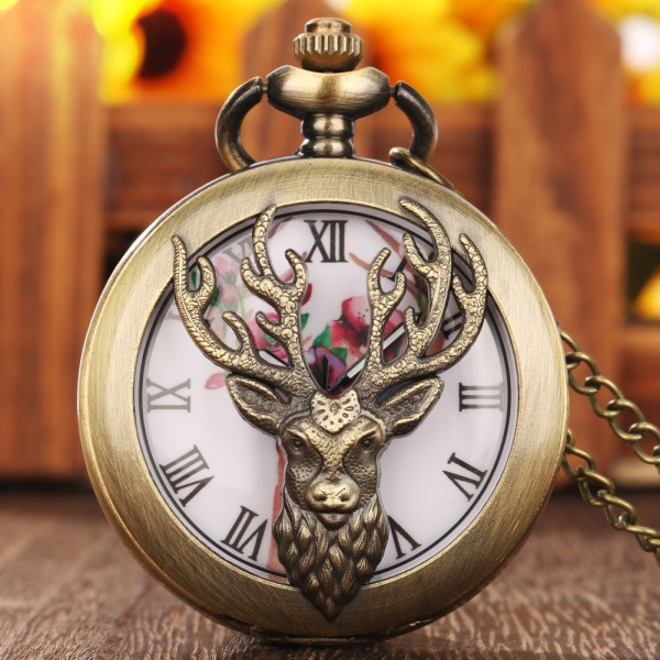 Retro Elk Hollow Quartz Watch Unisex Analog Halsband Tröja Hänge Kedja Klockor Watch, present till fars dag Bronze