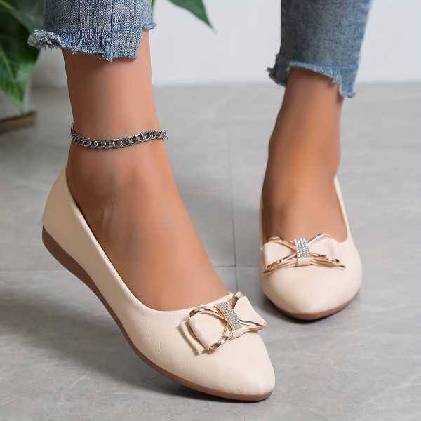 Balett med rosett för kvinnor, mode med spetsig tå Mjuk sula Slip-on-skor, mångsidiga platta skor Beige White CN41(EU39.5)