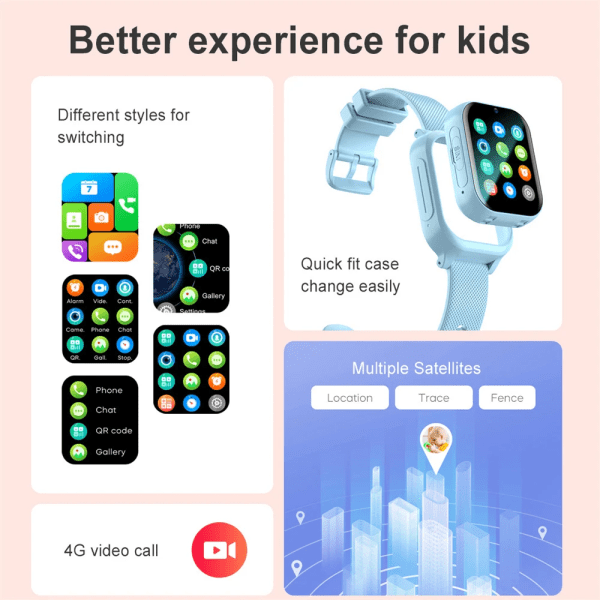 Barn Smart Watch Vattentät 4G Barn Smartwatch SIM-kort GPS LBS WIFI Plats Videosamtal SOS Armbandsur För Pojke Tjej Present Blue