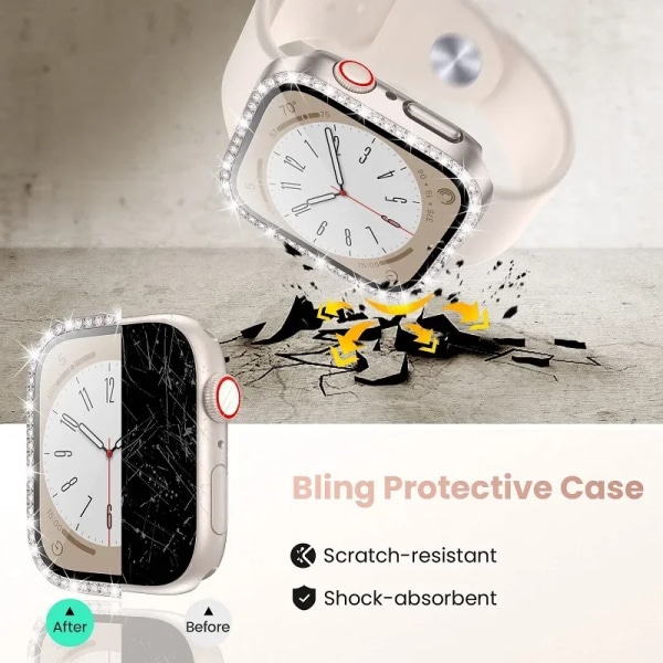 Diamantglas+ cover för Apple Watch Case 45 mm 41 mm 40 mm 44 mm 42 mm 38 mm Bling Bumper+ Skärmskydd iwatch Series 9 8 7 3 6 SE Black Series 654 SE 44MM