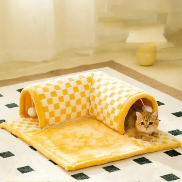 Creative Pet Cat Tunnel Bed Classic Pläd 2 i 1 Cat Bed Game Tunnel Avtagbar varm katttunnel med hämta boll Kattsäng YELLOW Oxford cloth M