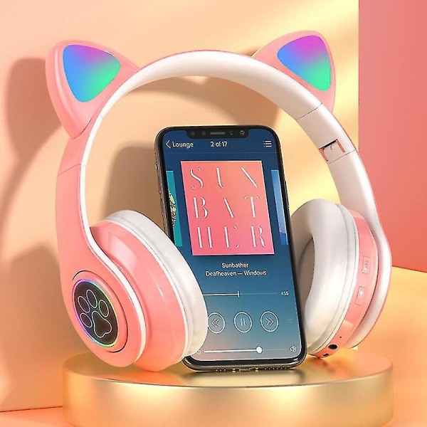Söt kattöra Bluetooth hörlurar LED-ljus Blixt Stereo hopfällbara trådlösa headset med mikrofon tf FM för barn flicka presenter White