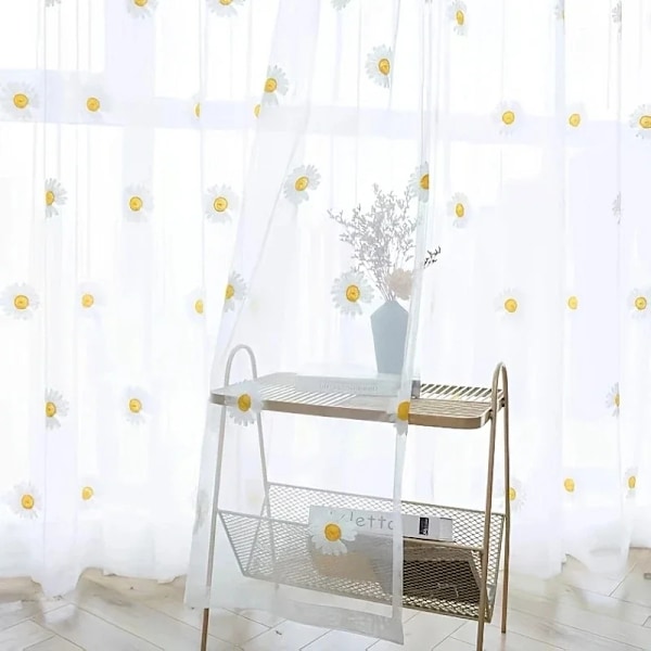 1 stk. Gul Daisy Tulle Gardiner Broderier Blomster Plante Skør Gardin Til Børneværelse Køkken Stue Dørpartition Drapes Indretning WHITE W150xH240cm 59x94in