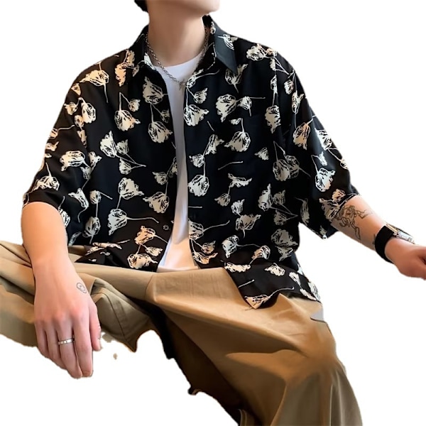 Ice Silk T-paita Miehille Lyhythihainen Kesä Tuntuu Rasvaa Tyylikäs Havaijin Seaside Beach Casual Lapel Puolihihainen Paidan Black L