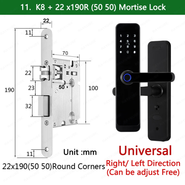 K8 Smart Dörrlås TTlock Bluetooth / Tuya Wifi Fingeravtryck Lösenord 13,56MHZ IC-kort Keyless Smartlife Home 22x190R TT Lock Version