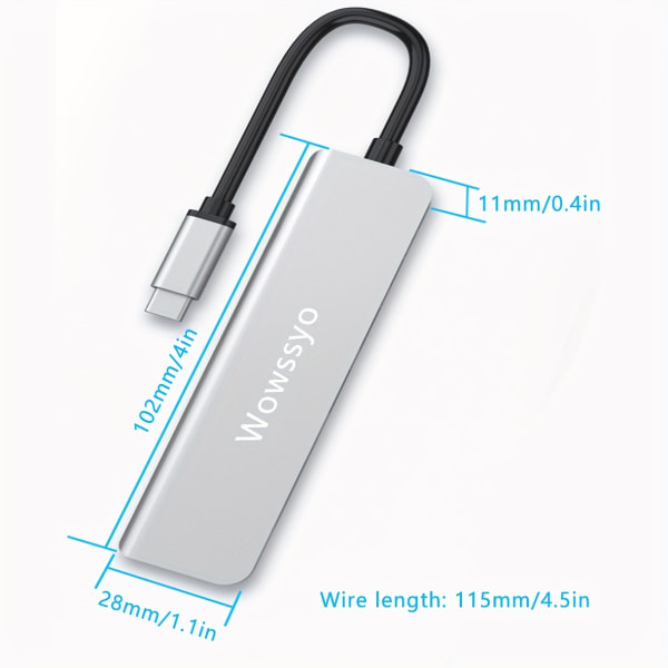 Wowssyo USB C Hub 12,7 Cm 1, USB C-adapter i aluminium för MacBook Pro/Air, 4K HDMI, PD 87W , USB 3.0/2.0-portar, för IPad Pro M1, för XPS