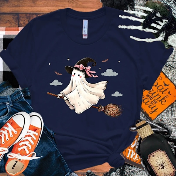 Halloween Boo Print T Skjorta Kort Ärm O Nacke Lös Kvinnor Sommar Cool Kvinnor Tee Tröjor Toppar Kläder deep blue L