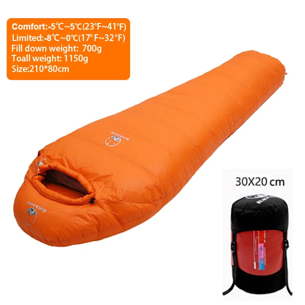 Very Warm White Goose Down Filled Adult Mummy Style Sleeping Bag Fit for Winter Thermal 4 Kinds of Thickness Travel Camping 700g Orange