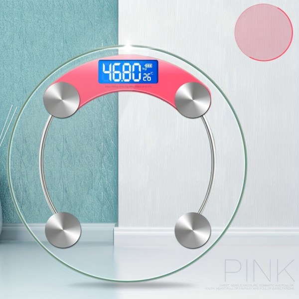 Transparent badrum rund elektronisk våg, intelligent vägande LCD-viktvåg, bärbar digitalvåg med vikt på 180 kg, 3 färgalternativ pink
