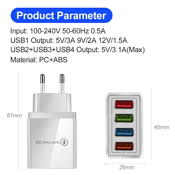 4 Porte USB-oplader Hurtigopladning 3.0 Vægoplader Hurtigopladning Til 15 14 Samsung Xiaomi Telefonoplader Adapter. EU Black