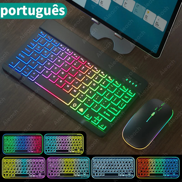 Trådløst tastatur til tablet Android iOS Windows med mus, Bluetooth-kompatibelt tastatur med regnbue-baggrundsbelysning til iPad EN Portuguese Black