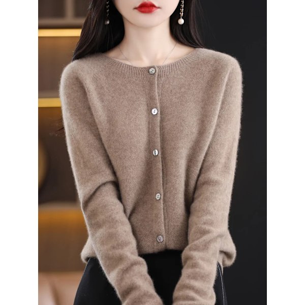 Addonee Kvinnor 100% Merinoull Sweater Cashmere O-Hals Cardigan Raglan Ärm Klassiskt Sticka Solid Fast Hion Baskläder camel XL