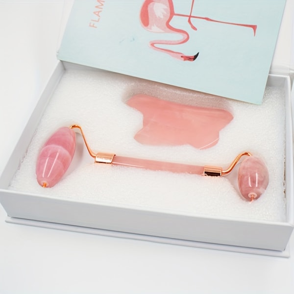 2 st Jade Roller Gua Sha Set - Rose Quartz Ansiktsrulle och massageapparat för åtstramning & skulptering - Jämnar ut rynkor och svullna ögon - Vårdverktyg Pink