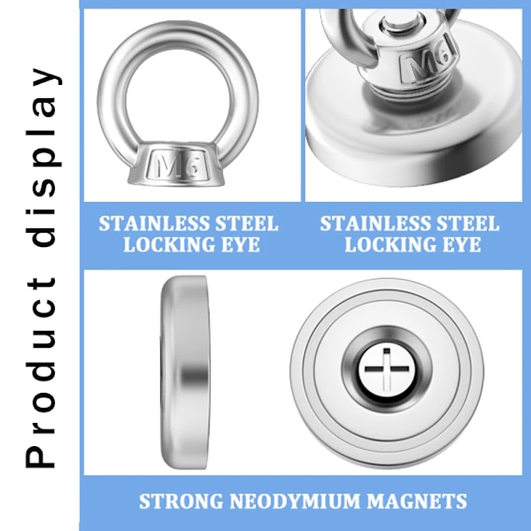 D16~D42mm Superstark Neodymfiskemagnet N52 Tungt Lyftbar Sällsynt Jordmagnet med Sänkt Hål Öga Bult Räddningsmagnet J20 Pull Max 9kg