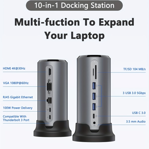 För MacBook Pro/Air dockningsstation, 12 i 1 universal dockningsstation för bärbar dator Dubbel bildskärm, VGA, Ethernet, USB 3.0, SD/TF, PD 100W, ljud för Dell/HP Space Gray