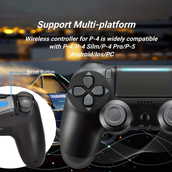 PS4 trådlös handkontroll med dubbla motorvibrationer, stöder PS4/Steam/PC/Smartphone,, stort inbyggt batteri fungerar i upp till 6-8 timmar (svart) Black
