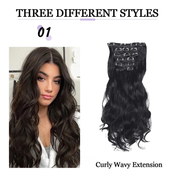 22 tum lockigt syntetiskt hår 6-delat curling extensions set för att förlänga hårförlängningar Osynlig clip peruk förlänger lång bit 6PC-1B