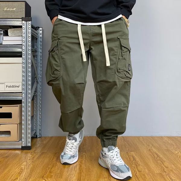 Hösten Amerikanska Casual Handsome Khaki Multi-Pocket Cargo Byxor Mäns Lös Dragsnöre Ankel Band Byxor Trendig Våren Och Sommare Grey XXL