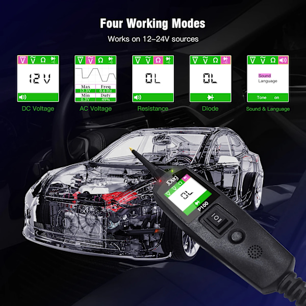 JDiag P100 Bilkretsprovningssats Kretsprovare Bilspänningstestare Elektriskt system 12V 24V Bildiagnosverktyg P100 2M