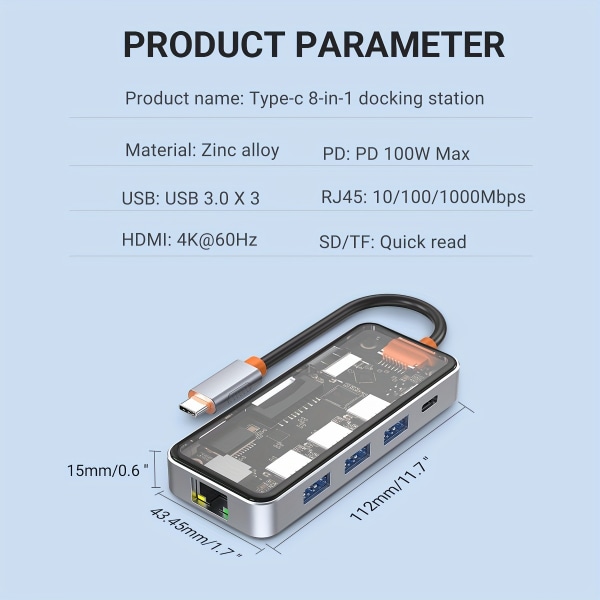 Transparent USB C Hub, 8 i 1 USB C till 4k60hz HDMI Multiport Adapter med RJ45 1000M, 100W PD, 3 USB-A 5 Gbps, TF/SD-kortläsare, USB C Dock Silvery Grey