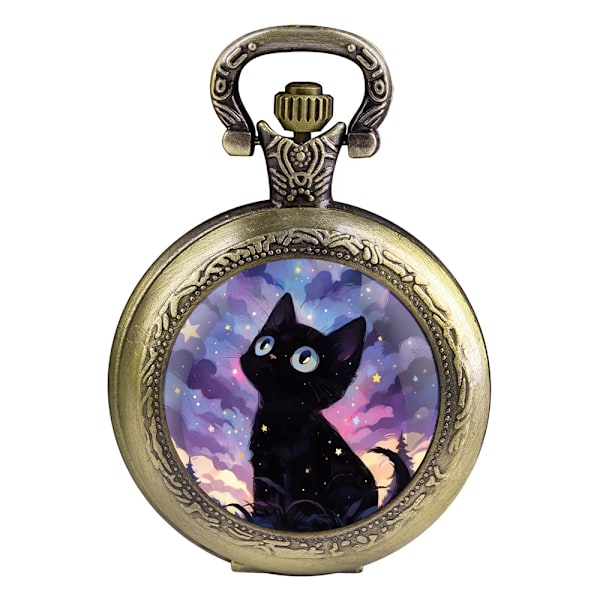 Exquisite Black Cat Glass Dome Quartz Pocket Watch Arabic numeral Necklace Pendant Gifts For Women Man with Chain Bronze