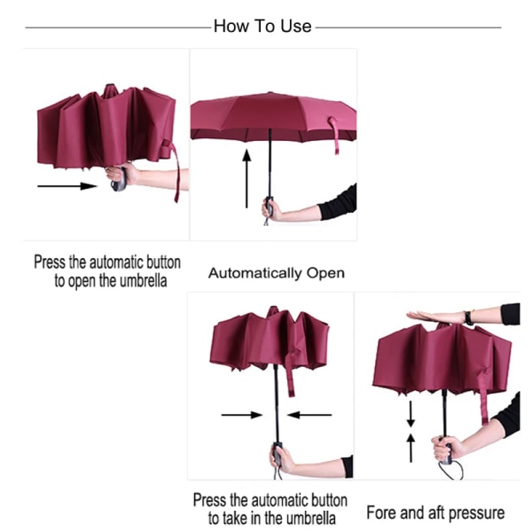 Vindtålig hopfällbar automatisk paraply Regn Kvinnor Auto Lyx Stora Vindtäta Paraplyer Regn För Män Svart Beläggning 10K Parasoll Automatic Red