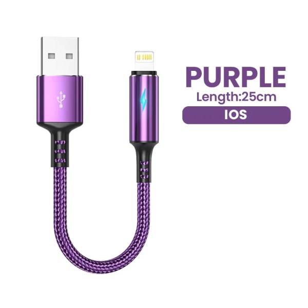 0,25 m kort USB -laddarkabel Datasladd Typ-c Micro IOS För iPhone 13 12 iPad 3A Snabbladdning Telefonkabel Power Bank Datakabel IOS purple 0.25m