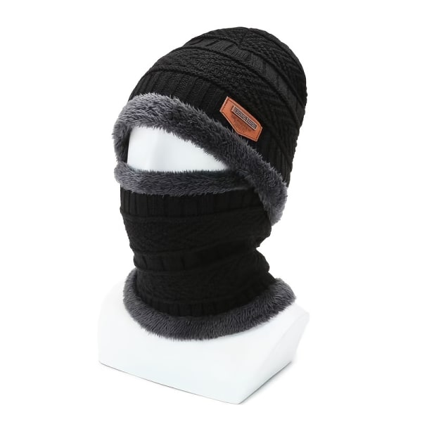 2st plus sammets varm stickad mössa, utomhuscykling kalltät hörselskydd mössa & halsduk för vintern Black