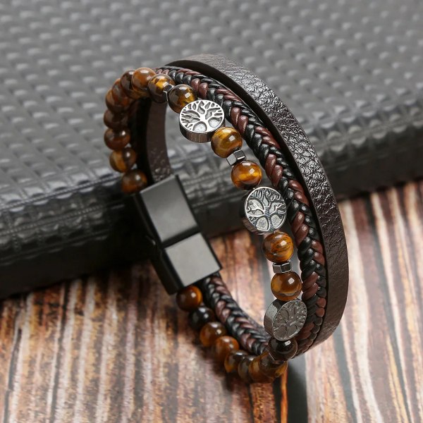 Ny design Flerlagers handvävda armband och armband i äkta läder Herrlegering Mode Armband Presenter L-tiger stone coffee 23cm long