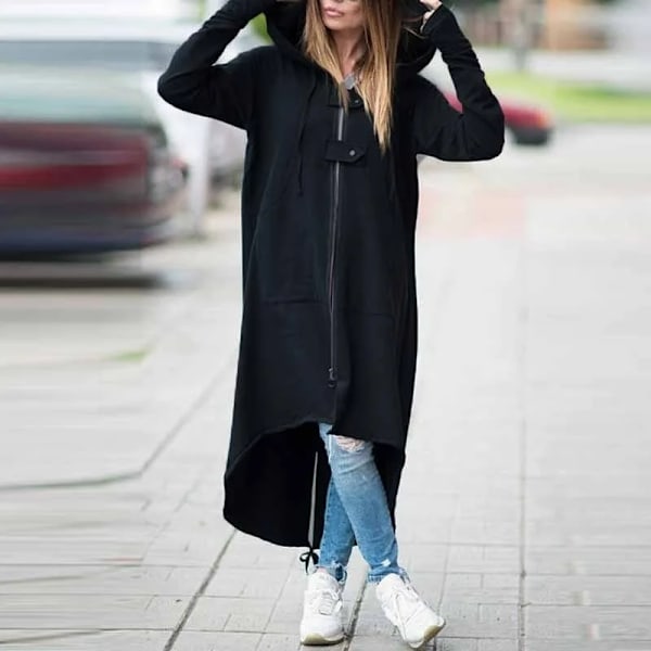 Vindbreaker Kvinnor Huvad Lång Ärm Dragkedjobb Dragsträng Casual Oregelbunden Coat Casual Solid Long Trench 2021 Kvinnor Trench black 5XL