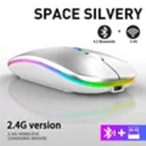 Trådløs mus RGB genopladelig Bluetooth-mus trådløs computermus LED-baggrundsbelyst ergonomisk gamingmus til bærbar pc 3600DPI Silver