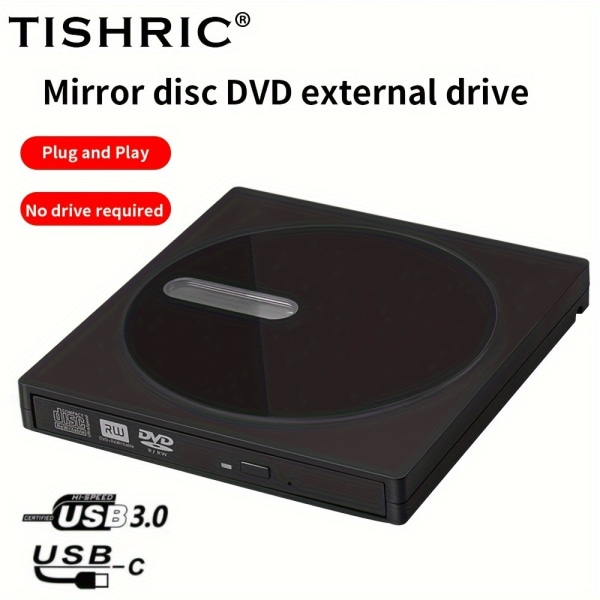 TISHRIC Extern DVD-spelare USB3.0 Typ C Bärbar CD DVD RW-enhet Brännare Läsare Spelare Optiska enheter för PC DVD-brännare Black