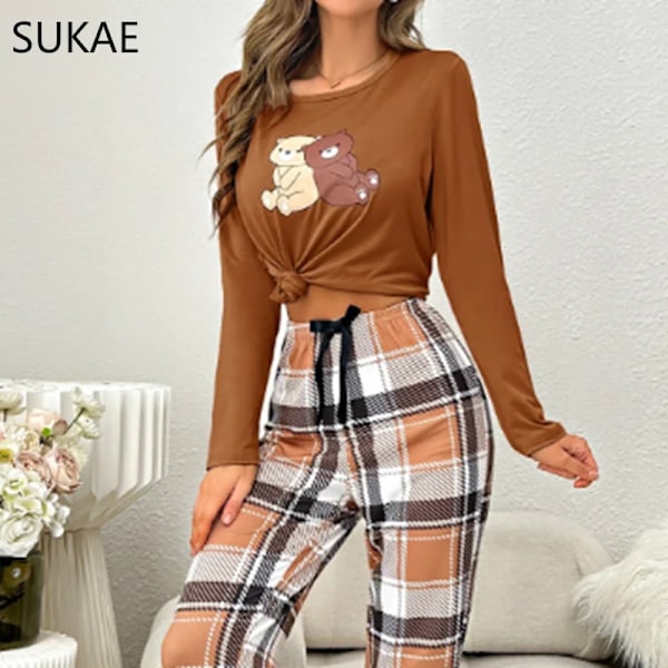 Söt Björn Kvinnor Pyjamas Set Våren Höst Nya Sömnkläder Mjuk Mjölk Silk Pijamas För Flicka Långa Ärmar Nattklädd Lei Lei Lei Lån Säkra Loungekläder black S