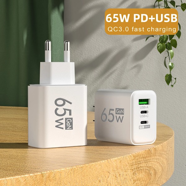 65W 3 Portar Gan Usb Pd-Laddare Snabb Laddning Typ C Mobiltelefonadapter Snabbladdare 3.0 För 15 Samsung Xiaomi. Huawei EU Yellow