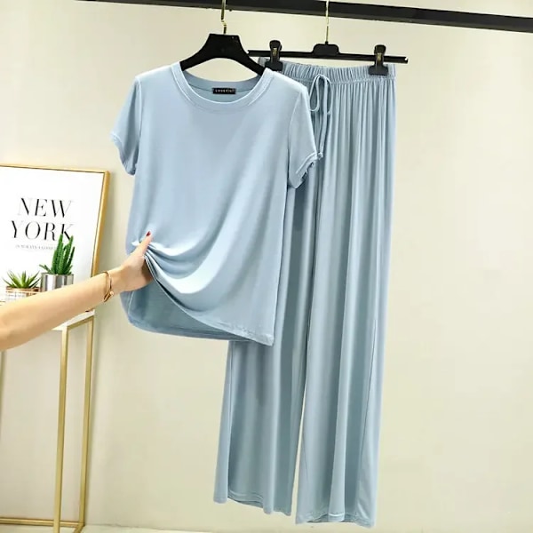 Sommar 2024 Ny Modal Pyjamas Sets Kvinnor Lounge Söta Sömnkläder Kort Ärm Casual Nattkläder Stora Storlek M-Xxl Kvinnlig Pijamas Blue M