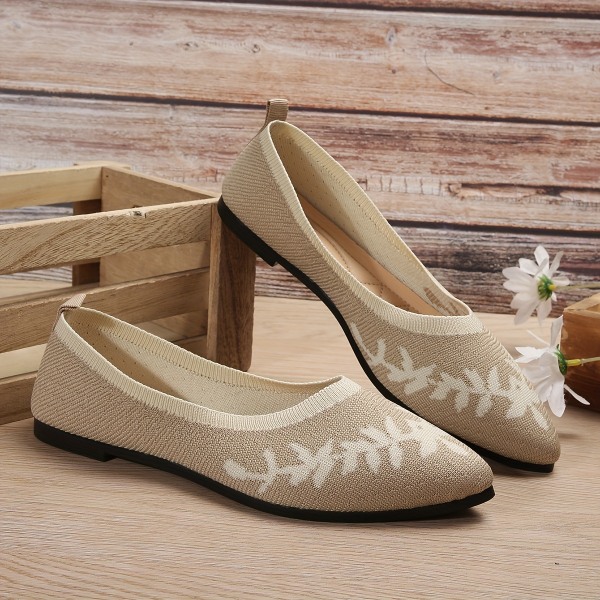 Platta skor med bladmönster för kvinnor, stickade slip-on-skor med spetsad tå, bekväma andningsbara balettskor Beige White CN235(EU37.5)