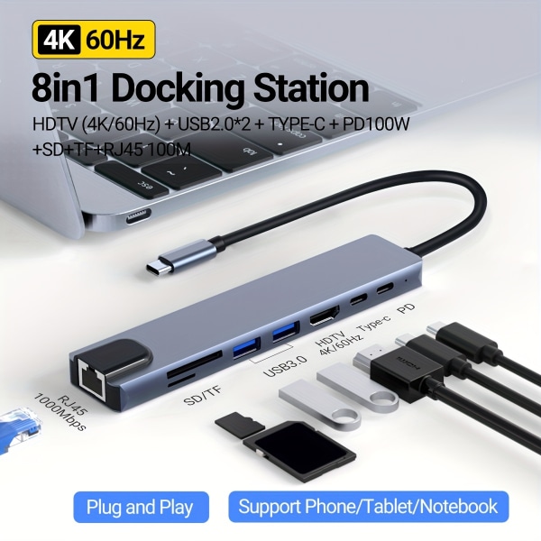 8-i-1 USB C dockningsstation med 4K HDTV, 100W PD, USB 3.0/2.0, RJ45 Ethernet, SD/TF-kortläsare, Type-C Hub Adapter för MacBook Pro/Air bärbara datorer