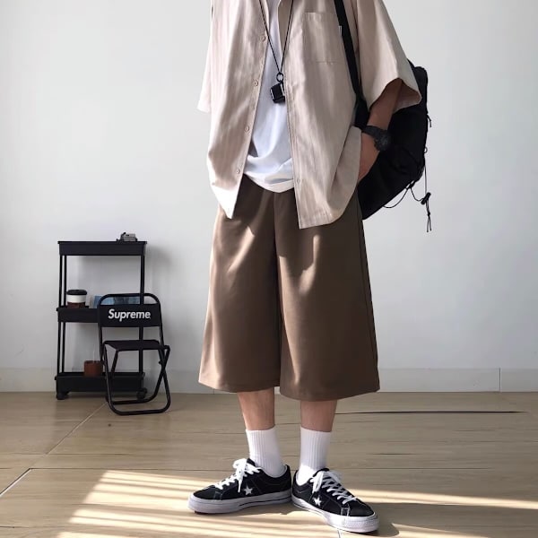 Kesä Ohut Shortsit Miehet Hong Kong Style Trendikäs Löysä Capri Housut Nuoret Muoti Ja Tyylikäs Casual Housut 2024 Uusi Black L