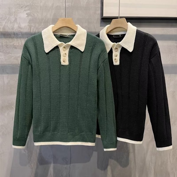 Europeisk Och Amerikansk Kontrast Färg Lapels Knappen Långärmad Tröja Mäns Mild Lyx Retro Dagligen Casual Höstknapp Och Vinter Stickkläder I Topp Green XL